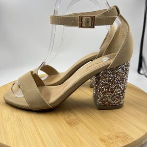 BAMBOO Tan Sandals Size 6.5 Glitter Block Heel Ankle Strap Faux Suede Shoes